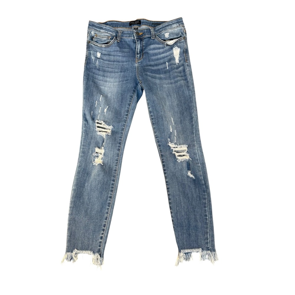 Judy Blue Los Angeles Distressed Straight Fit Jeans Frayed Stepped Hem 13/31